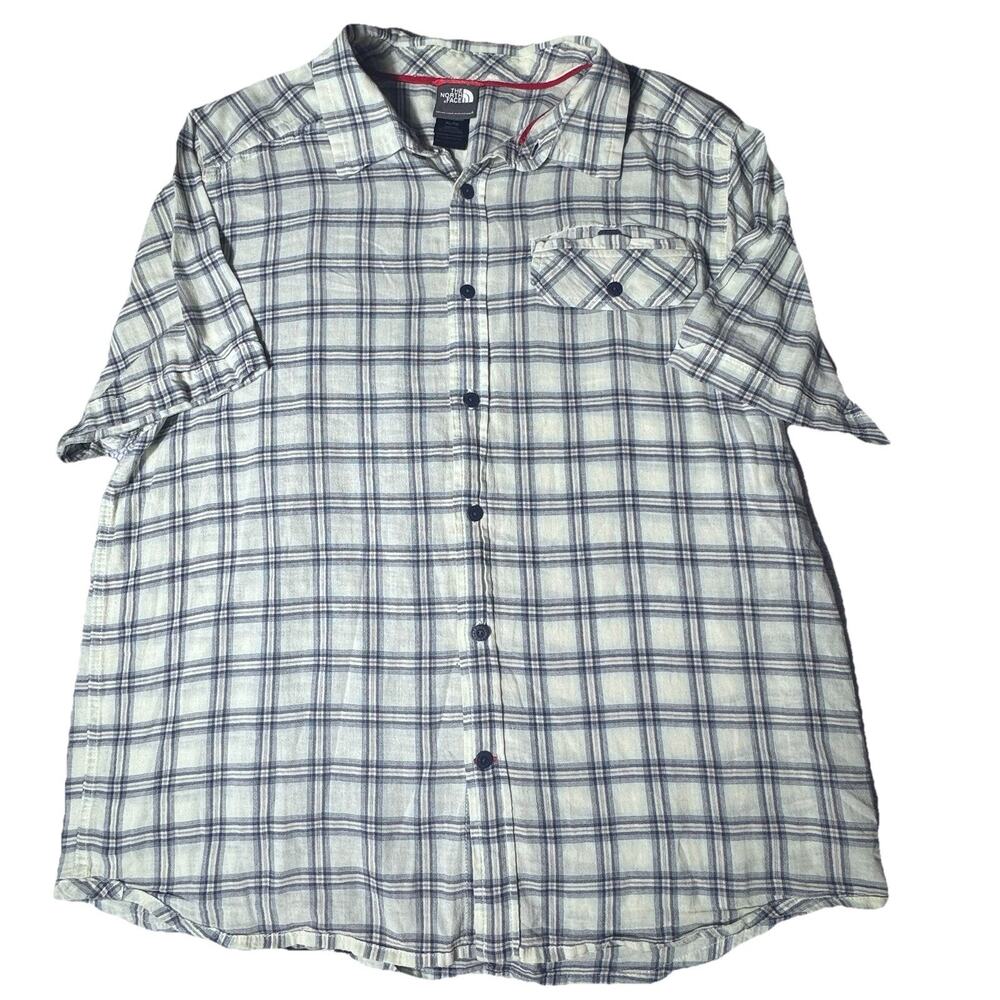 The North Face Blue Plaid 100% Organic Cotton Button Down Short Sleeve Shirt XL